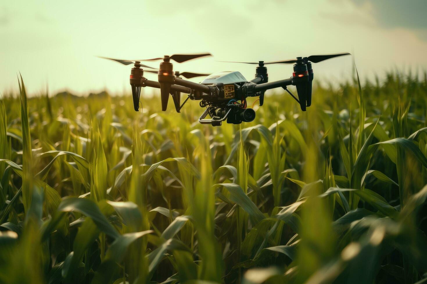 Drone quadcopter with digital camera flying over corn field. Agriculture Drone Monitoring Green Corn Field, AI Generated photo