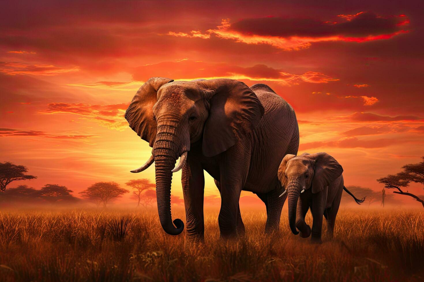 African elephant with baby in savannah at sunset, 3d render, African savannah at sunset with two elephants Loxodonta africana, AI Generated photo