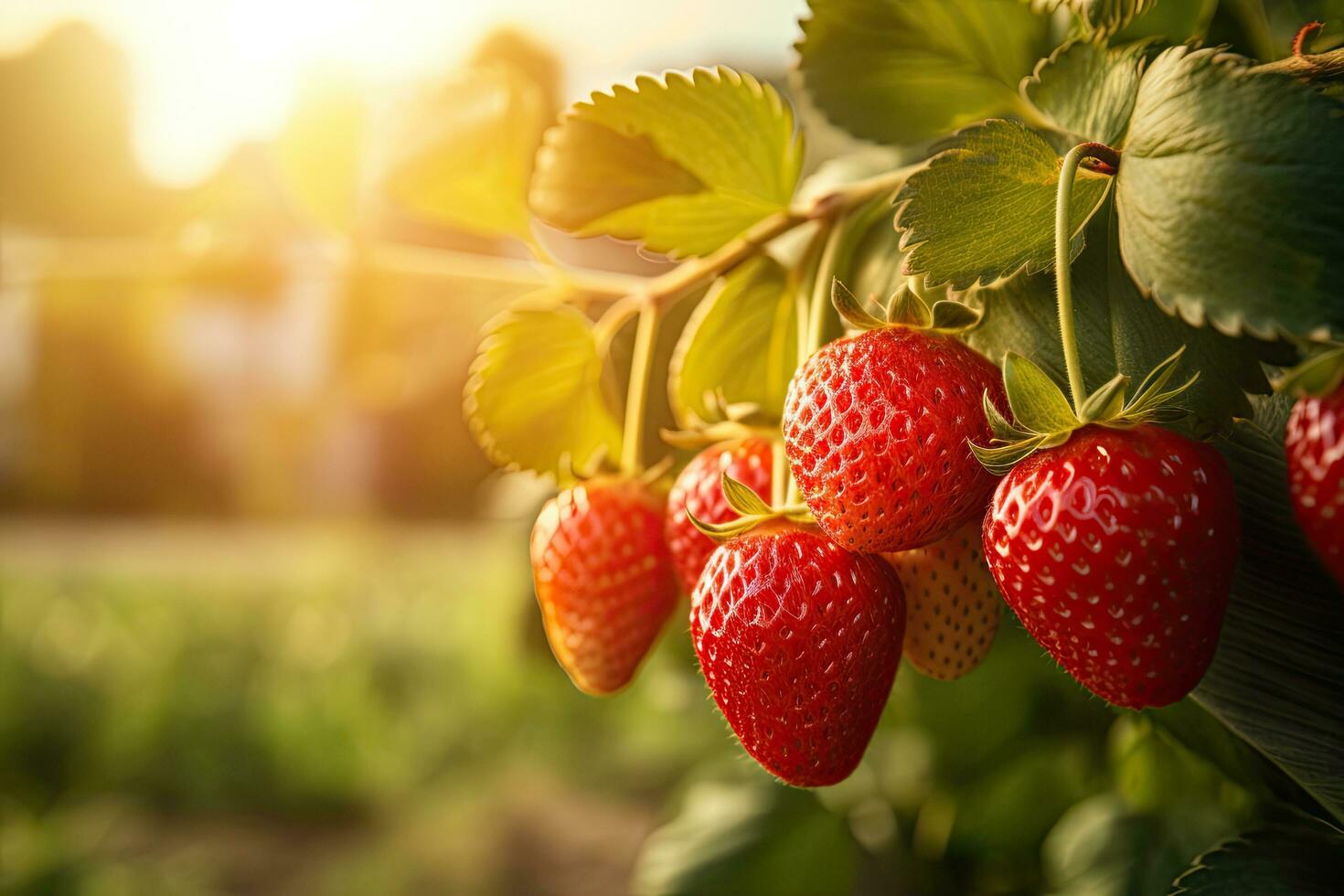 Ripe red strawberries growing on a branch in the field at sunset, A branch with natural strawberries on a blurred background of a strawberry field at golden hour, AI Generated photo
