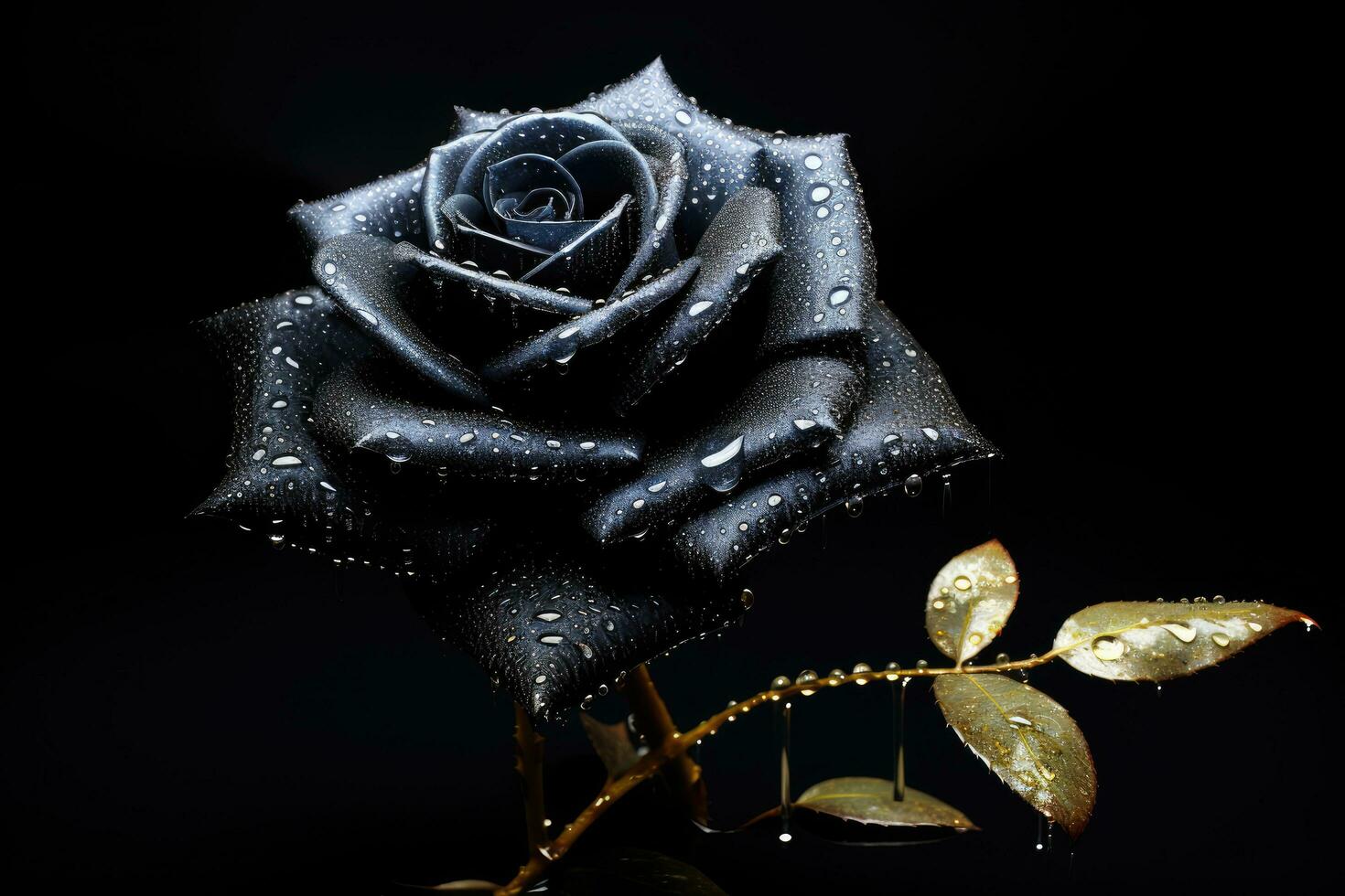 Black rose with water drops on a black background. Studio shot. A beautiful luxurious black rose with pointillism, AI Generated photo