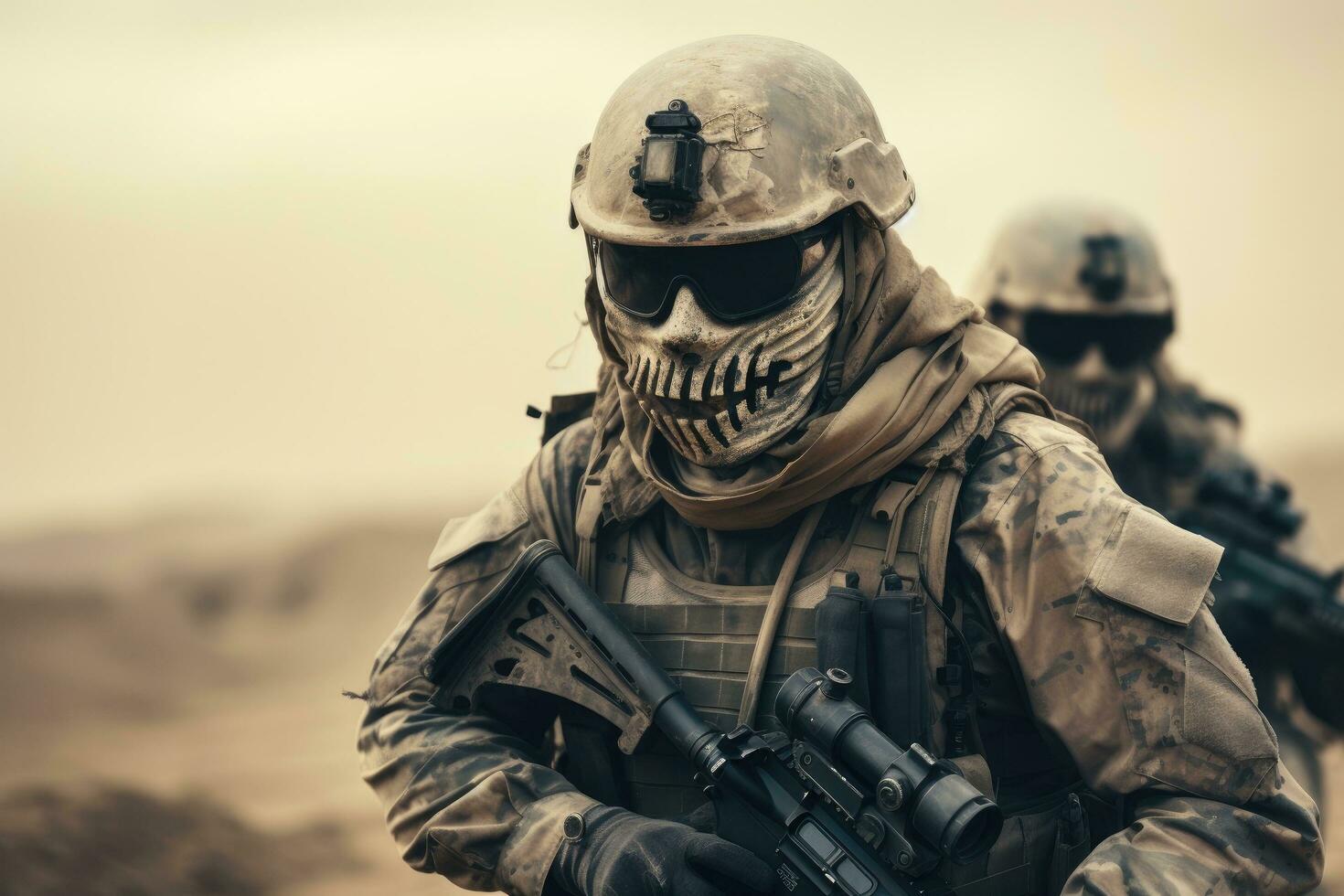 United States Navy Special forces soldier in full gear with assault rifle in desert. military soldier carrying another soldier on his shoulder on a battlefield, Face covered with a mask, AI Generated photo