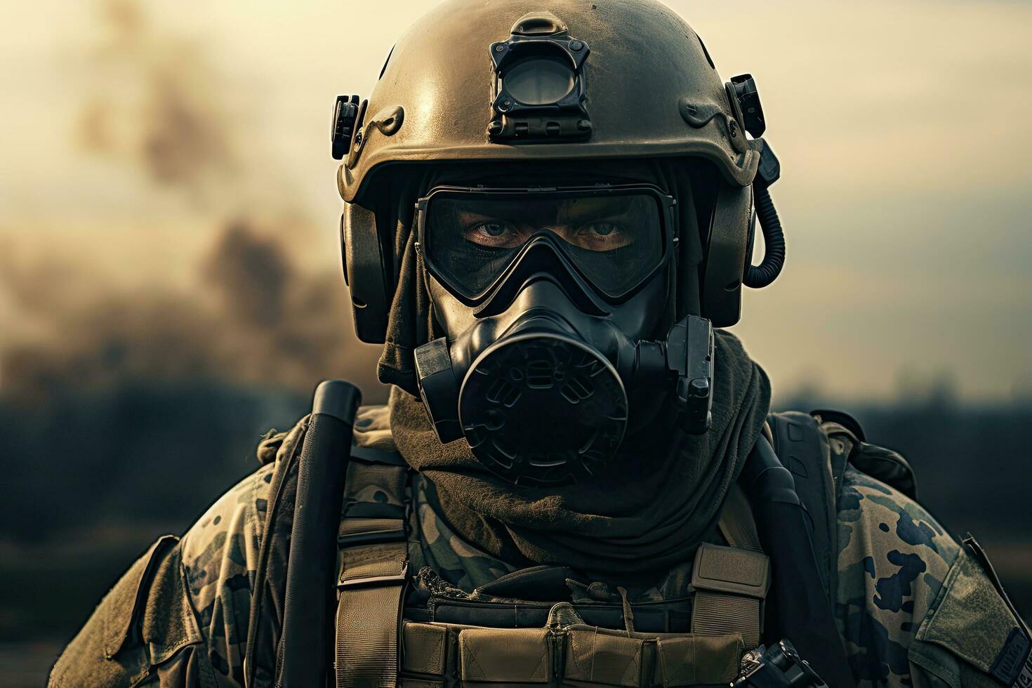 Soldier in a gas mask on the battlefield. Military concept. A geared up army soldier stands and looks at the warfield, AI Generated photo