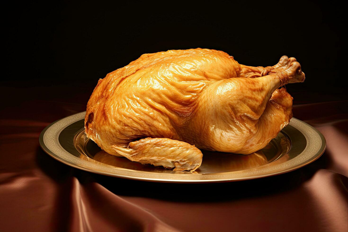 Roast chicken on a golden plate on a dark background, close-up, A heartwarming image of a plump chicken lying on a plate, its meat carefully missed with a fork, AI Generated photo