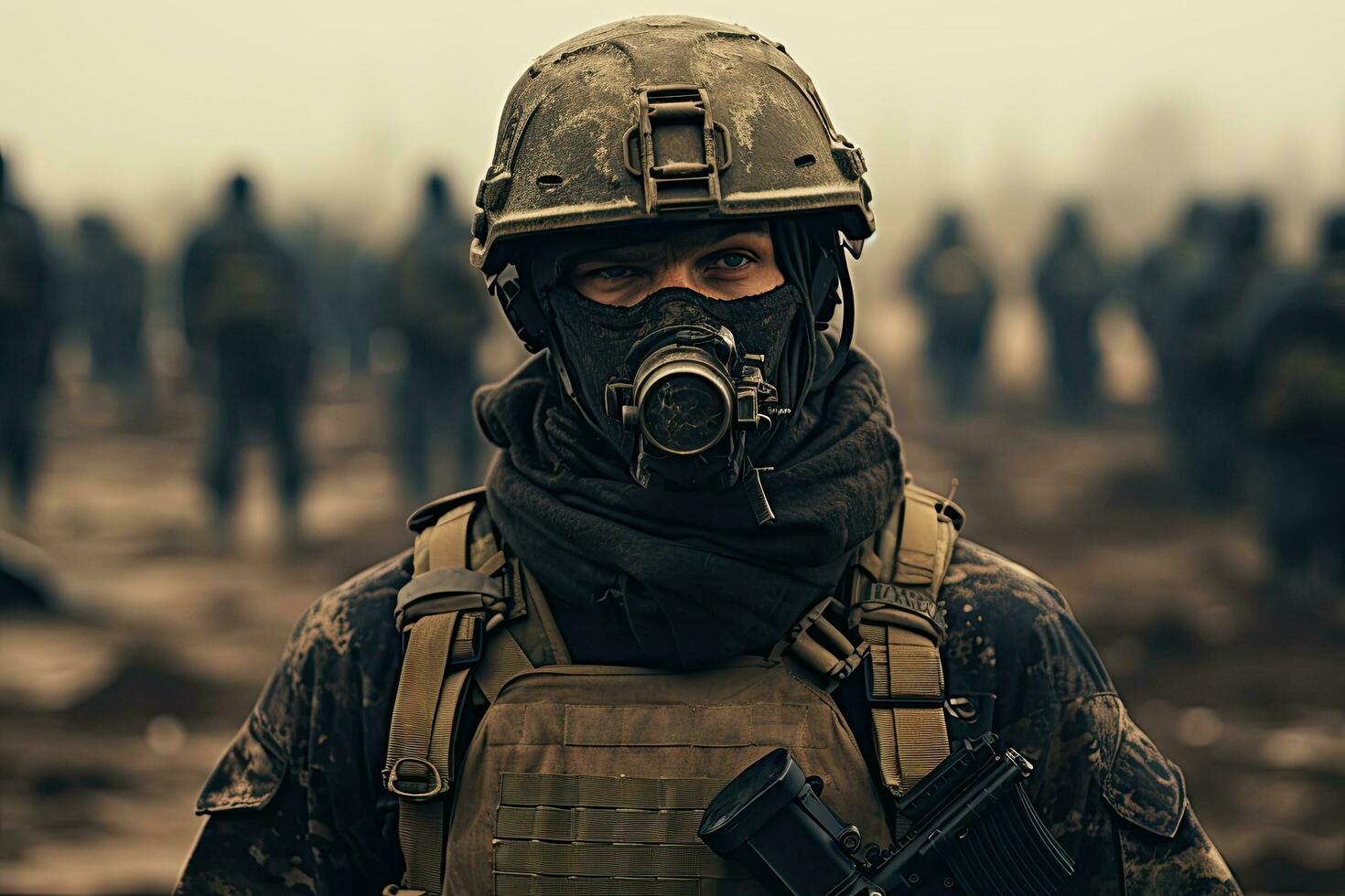 United States Navy special forces soldier in full gear and gas mask. A geared up army soldier stands and looks at the warfield, AI Generated photo