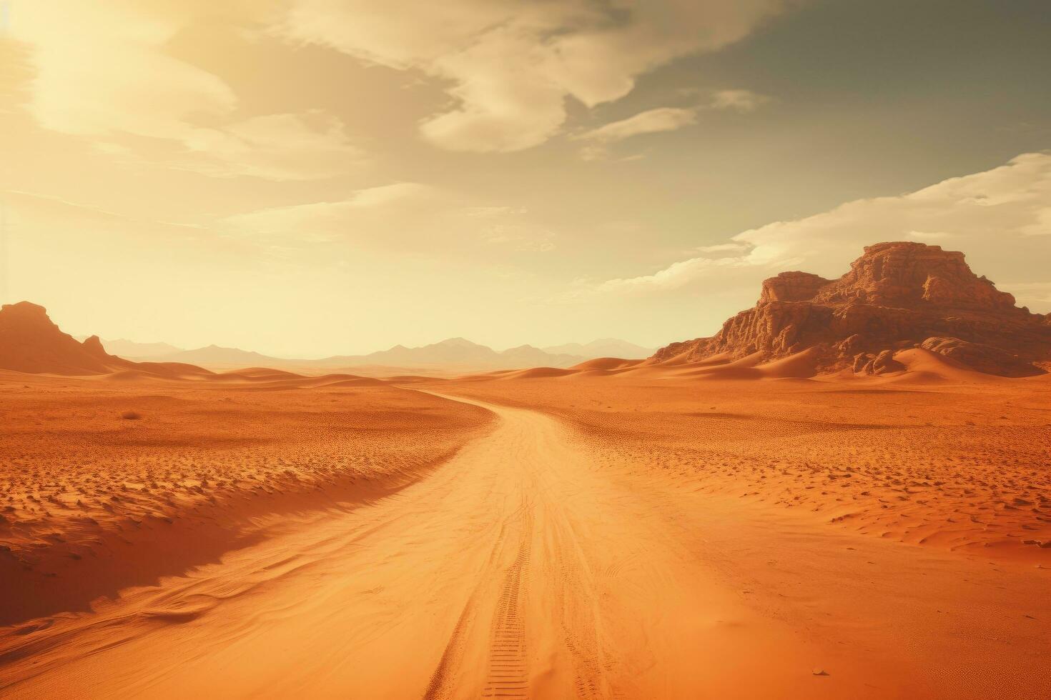 Desert road in the Sahara desert, Egypt. Vintage style. Adventure desert road explore vibe, AI Generated photo