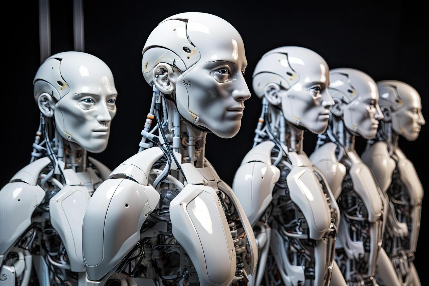 3d rendering of a group of robots in front of a black background