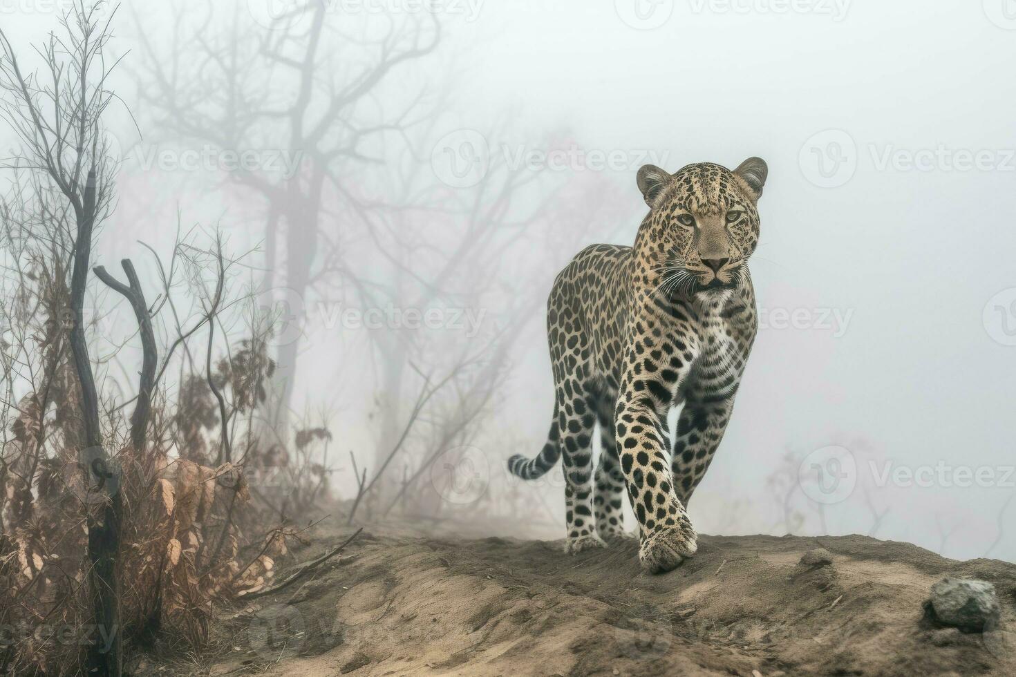 ai generado solitario leopardo deambula el degradado hábitat, luchando a encontrar presa. foto