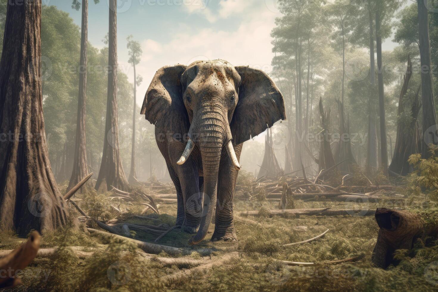 AI Generated A gigantic elephant stands amongst the degraded forest floor. photo