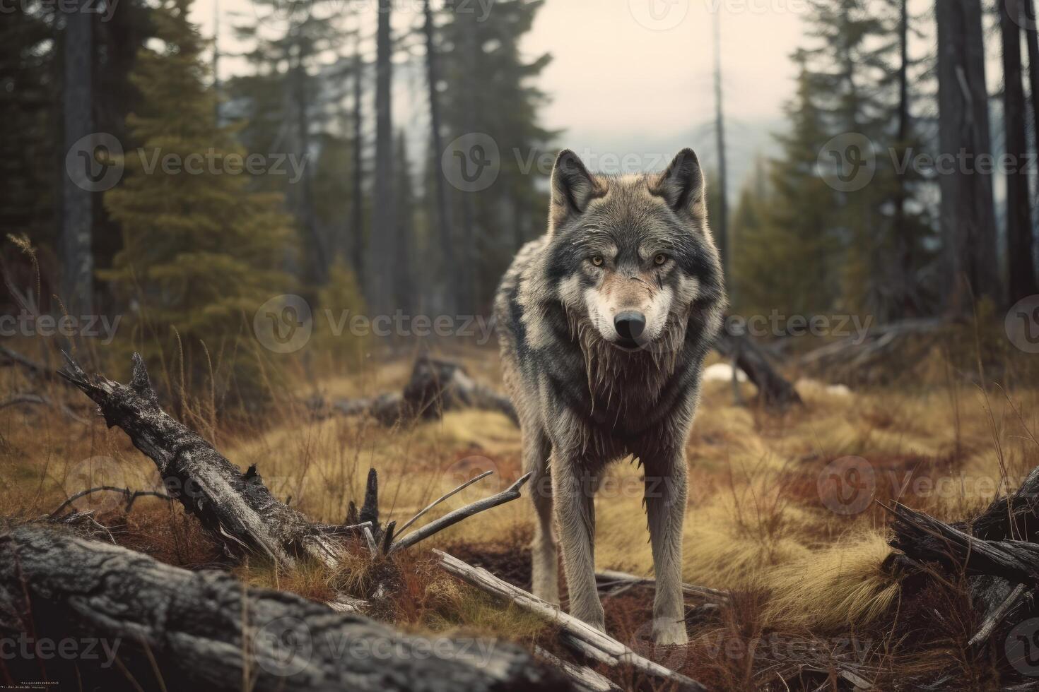 AI Generated Lone wolf howls in the deteriorating wilderness, searching for a mate. photo