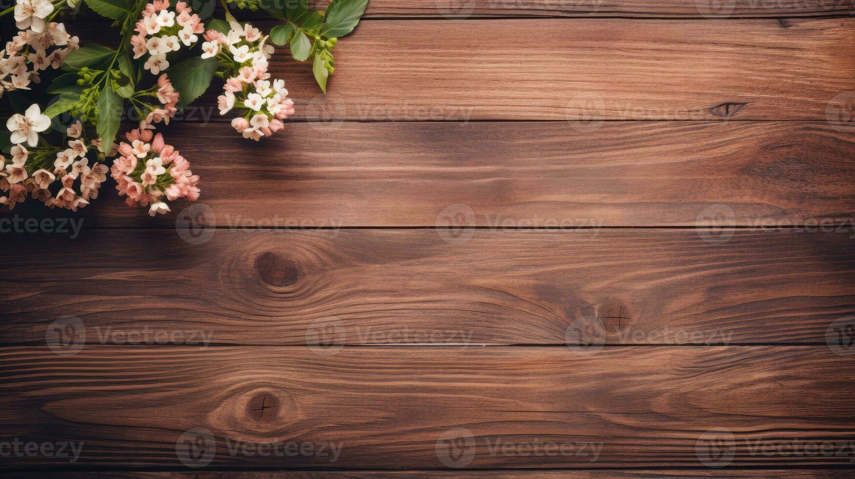 AI Generated Flowers on wood texture background with copy space. Vintage style. photo