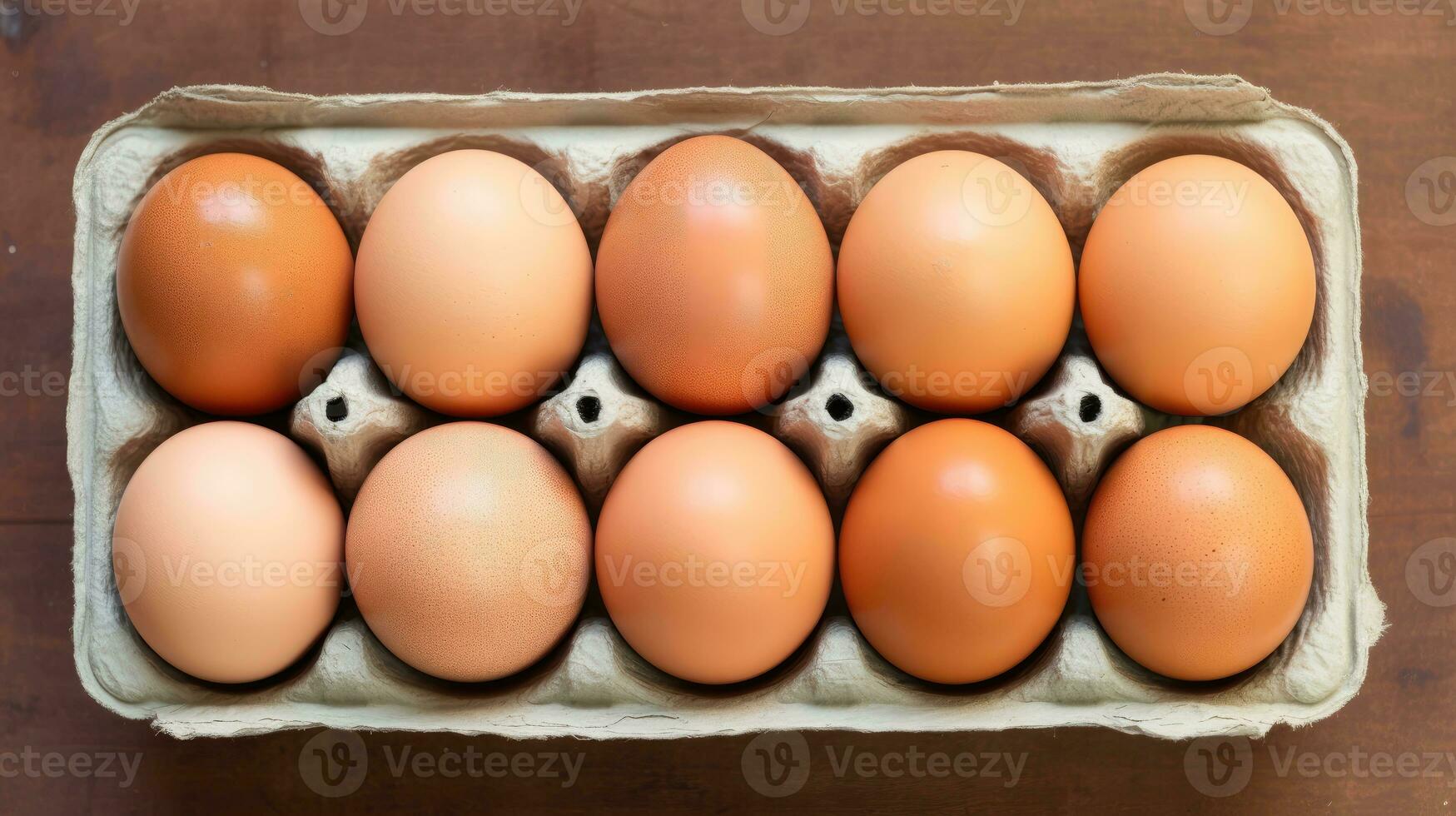 AI Generated Top view of raw brown chicken eggs in egg carton box. photo