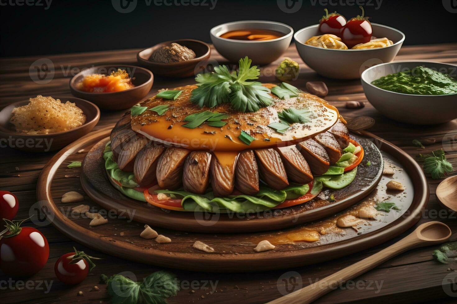 Top view of different indian dishes on dark background. Indian cuisine. ai generative photo