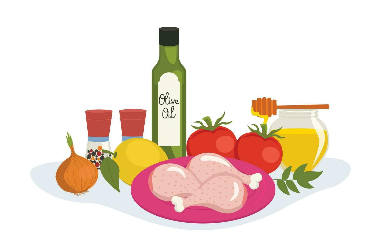 Set of food ingredients for cooking dishes with meat and vegetables. Vector graphic.