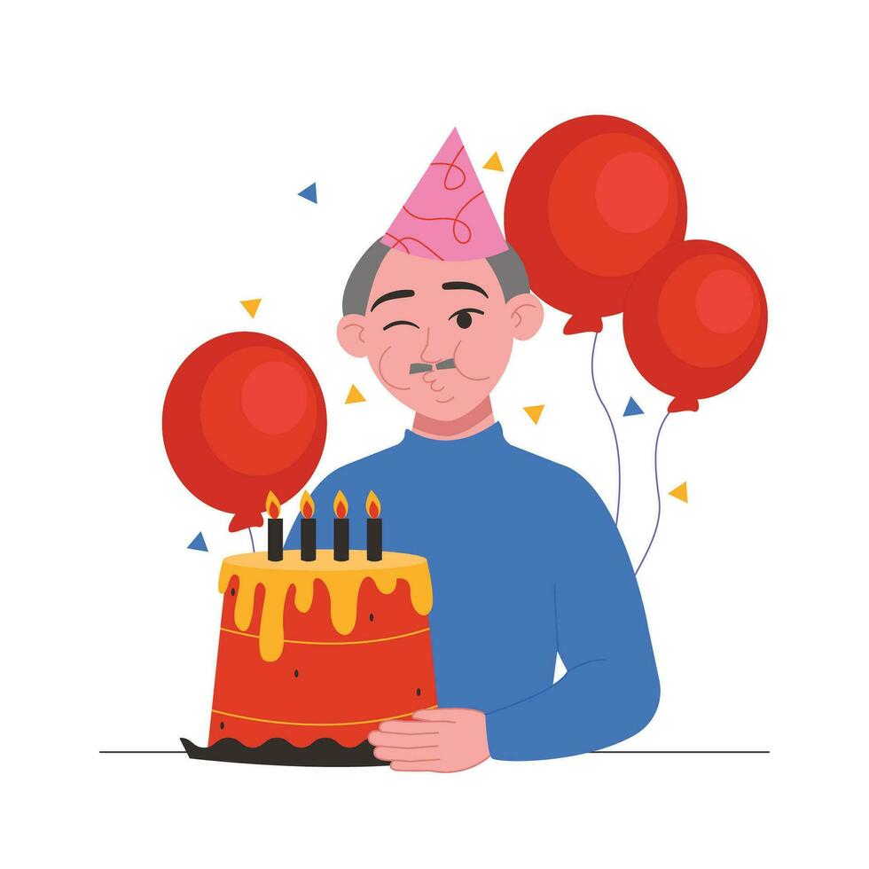 Person with cake. Old man in a festive cap blows out the candles on the cake. Vector graphic.