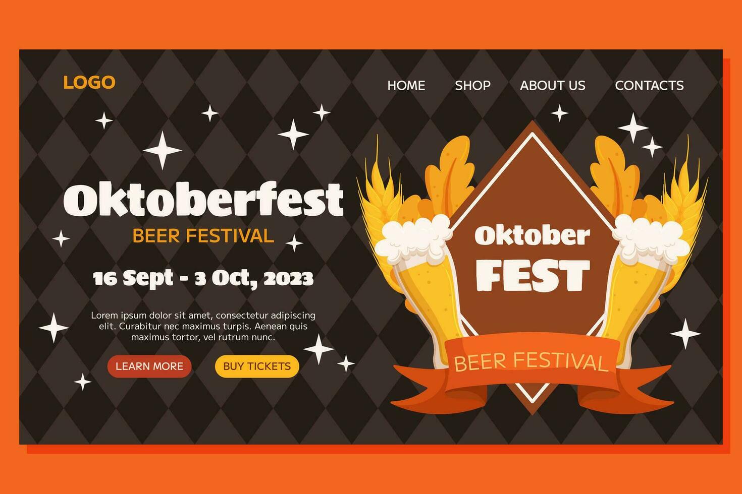 Oktoberfest German beer festival Landing template design. Design with glass of beer, wheat and leaves, banner ribbon. Rhombus pattern on back vector