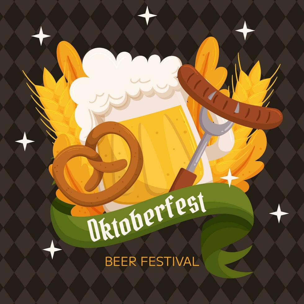 Oktoberfest alemán cerveza festival cuadrado social medios de comunicación enviar modelo. diseño con vaso de cerveza, galleta salada y tenedor con embutido, trigo y hojas. rombo modelo en espalda vector