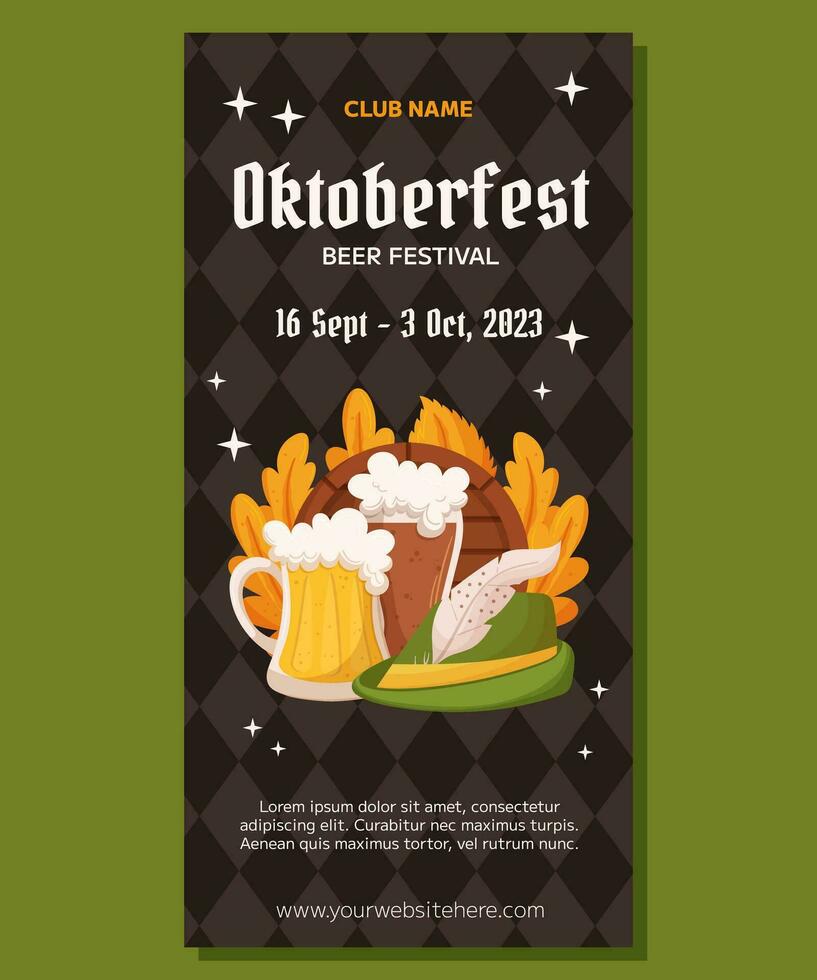 Oktoberfest German beer festival vertical banner template design. Design with glass of light and dark beer, tyrolean hat and leaves. Rhombus pattern on back vector