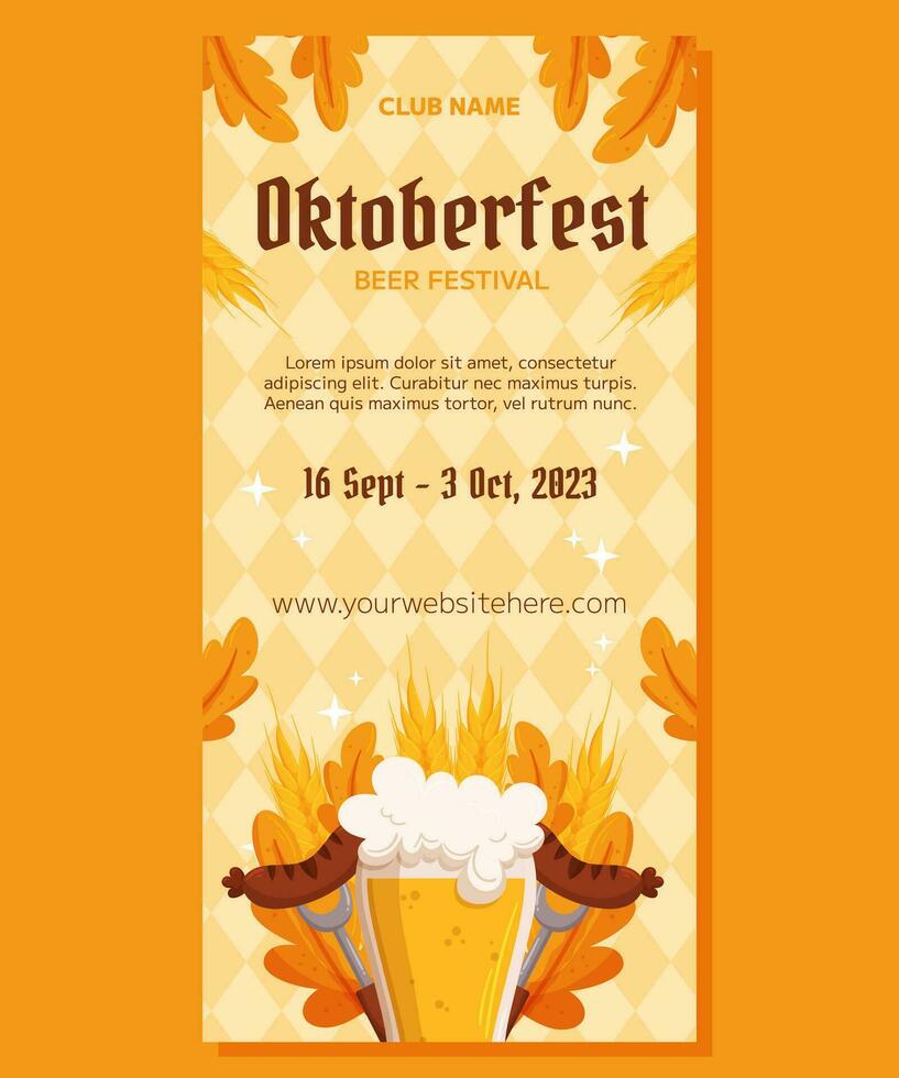 Oktoberfest German beer festival vertical banner template design. Design with glass of beer, forks with grilled sausage, wheat and leaves. Light yellow rhombus pattern vector