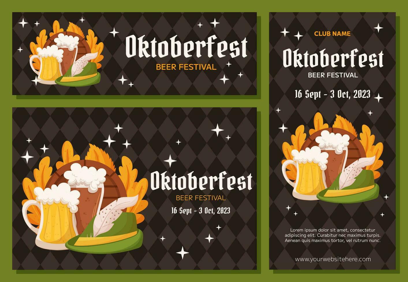 Oktoberfest German beer festival background, vertical and horizontal banner collection. Design with glass of light and dark beer, tyrolean hat and leaves. Rhombus pattern on back vector