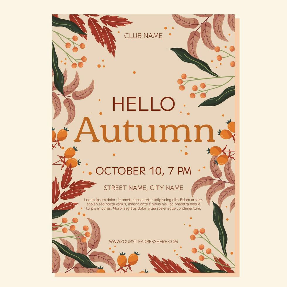 Hello Autumn Party poster template design. Frame with maple leaf and orange berry, red and brown leaves branch. Event invitation for club vector