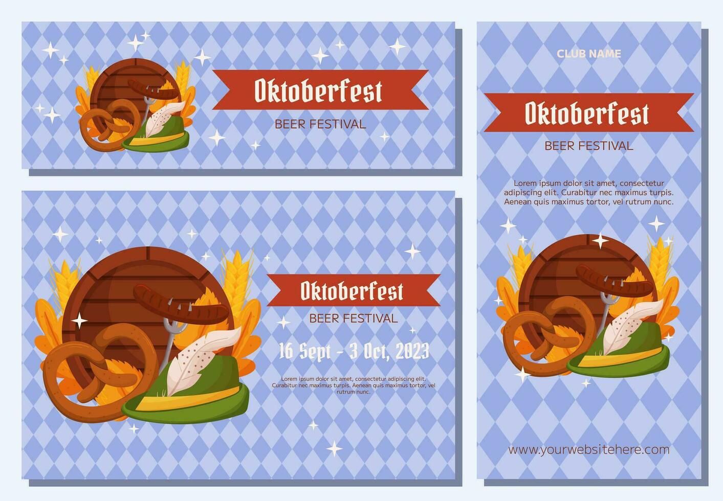 Oktoberfest German beer festival background, vertical and horizontal banner collection. Tyrolean hat, fork with grilled sausage, pretzel, wooden barrel, wheat and leaves. Light blue rhombus pattern vector