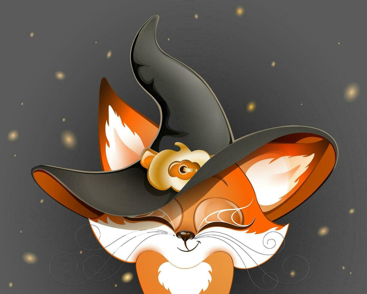 Cute fluffy red cartoon witch fox close up with Halloween witch hat and spiderweb on eyes vector