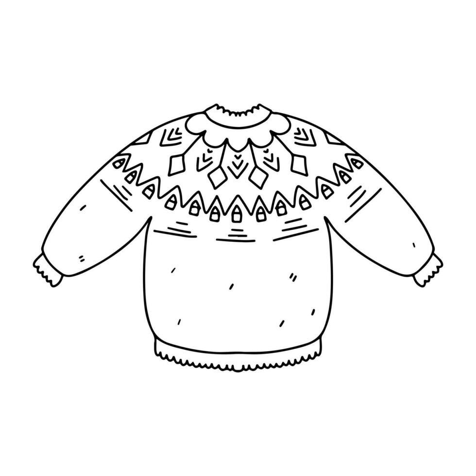 Cute knitted lopapeysa sweater. Hand drawn doodle style. Vector illustration isolated on white. Coloring page.