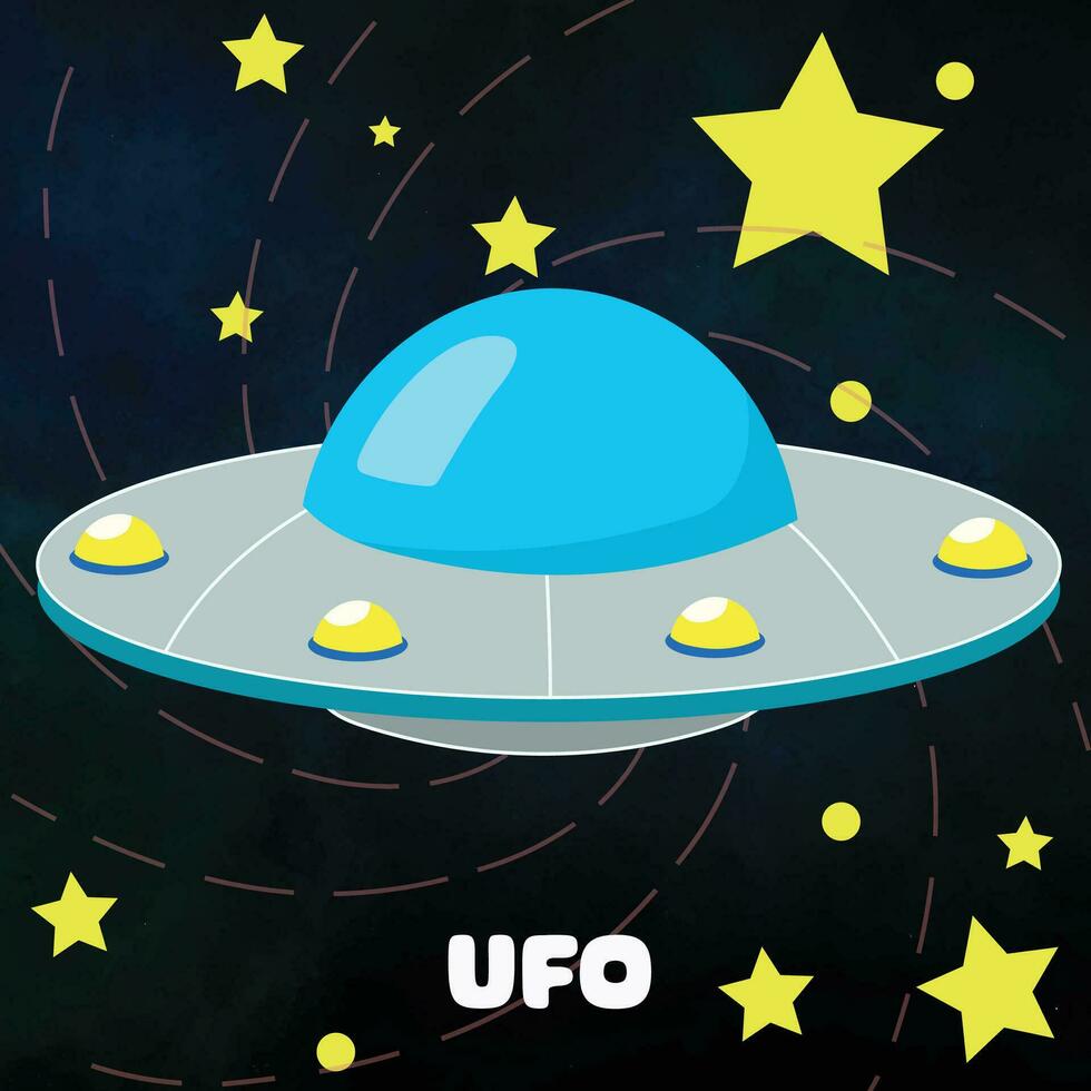 Hand drawn kawaii style of the UFO. Vector illustration space transportation flying saucer for exploring the galaxy space.