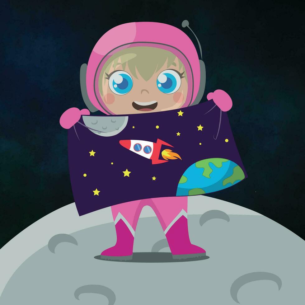 Clipart of a cute astronaut just landed in outer space holding a space exploration poster. Cartoon vector icon illustration. Science technology icon concept isolated vector. Flat cartoon style.