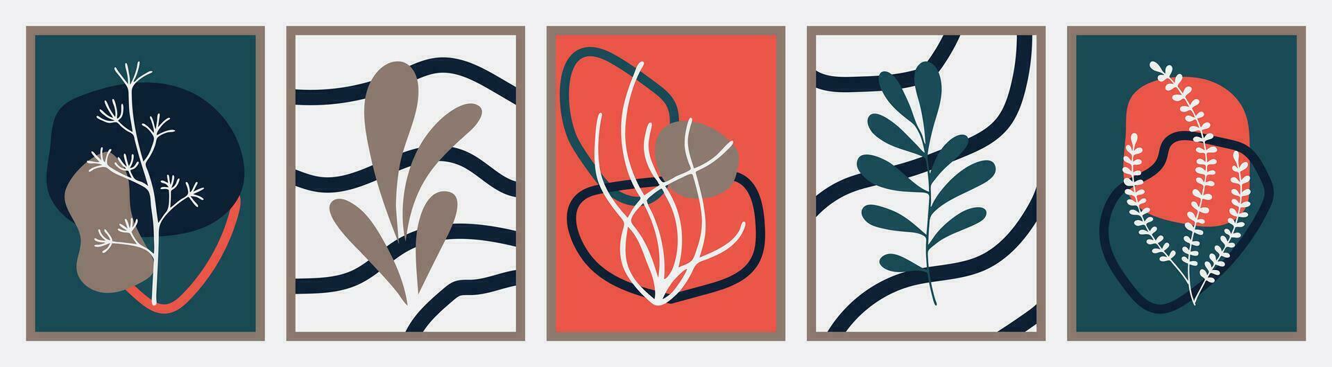 Abstract modern posters in Matisse style. Contemporary print with nature-inspired, irregular cutouts shapes. Retro wall decor paintings with floral, seaweed, chaotic lines. Vector illustration