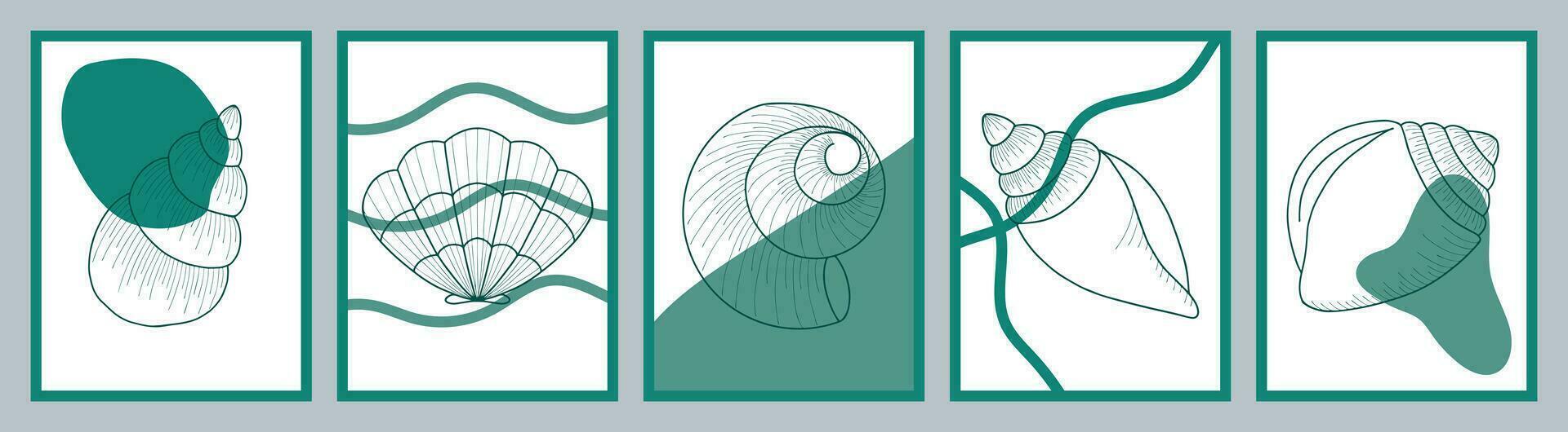 Abstract modern posters in Matisse style. Contemporary print with nature-inspired, irregular cutouts shapes. Retro wall decor paintings with seashells and chaotic lines. Vector illustration