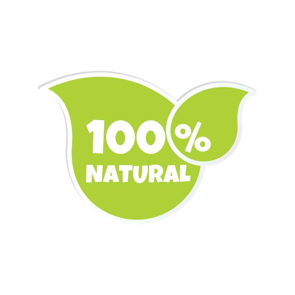 100 percent natural stiker. Ecology icon. Leaf shape stiker template for organic and eco friendly products. Vector illustration  isolated on white background