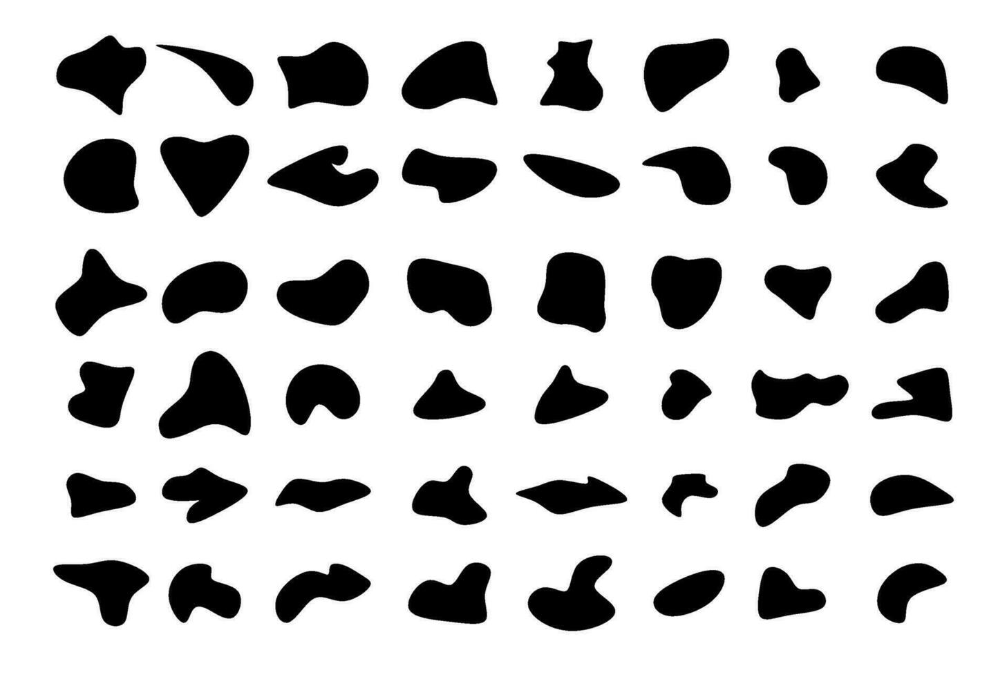 vector conjunto de al azar conformado negro manchas resumen elementos de tinta mancha, líquido y silueta. forma, gota, orgánico, vector, irregular, círculo, forma, aleatorio.