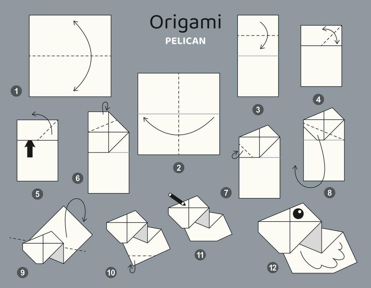 tutorial de esquema de origami pelícano modelo en movimiento. papiroflexia para niños. paso a paso cómo hacer un lindo pájaro de origami. ilustración vectorial vector