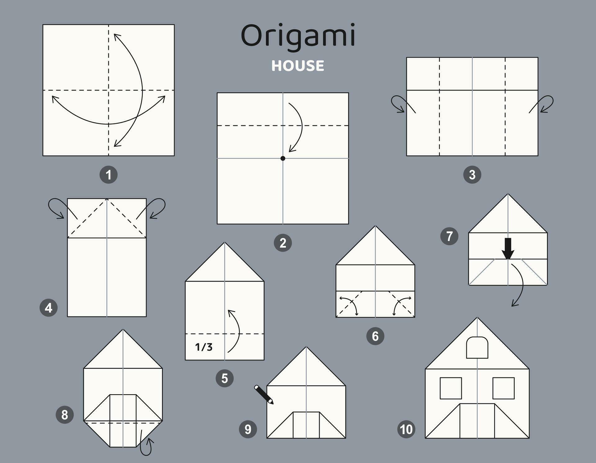 House origami scheme tutorial moving model. Origami for kids. Step by