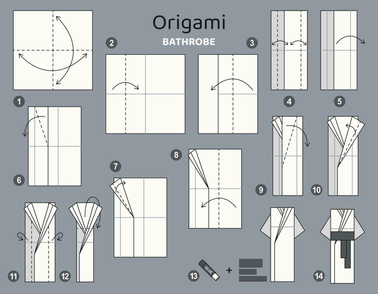 Bathrobe origami scheme tutorial moving model. Origami for kids. Step