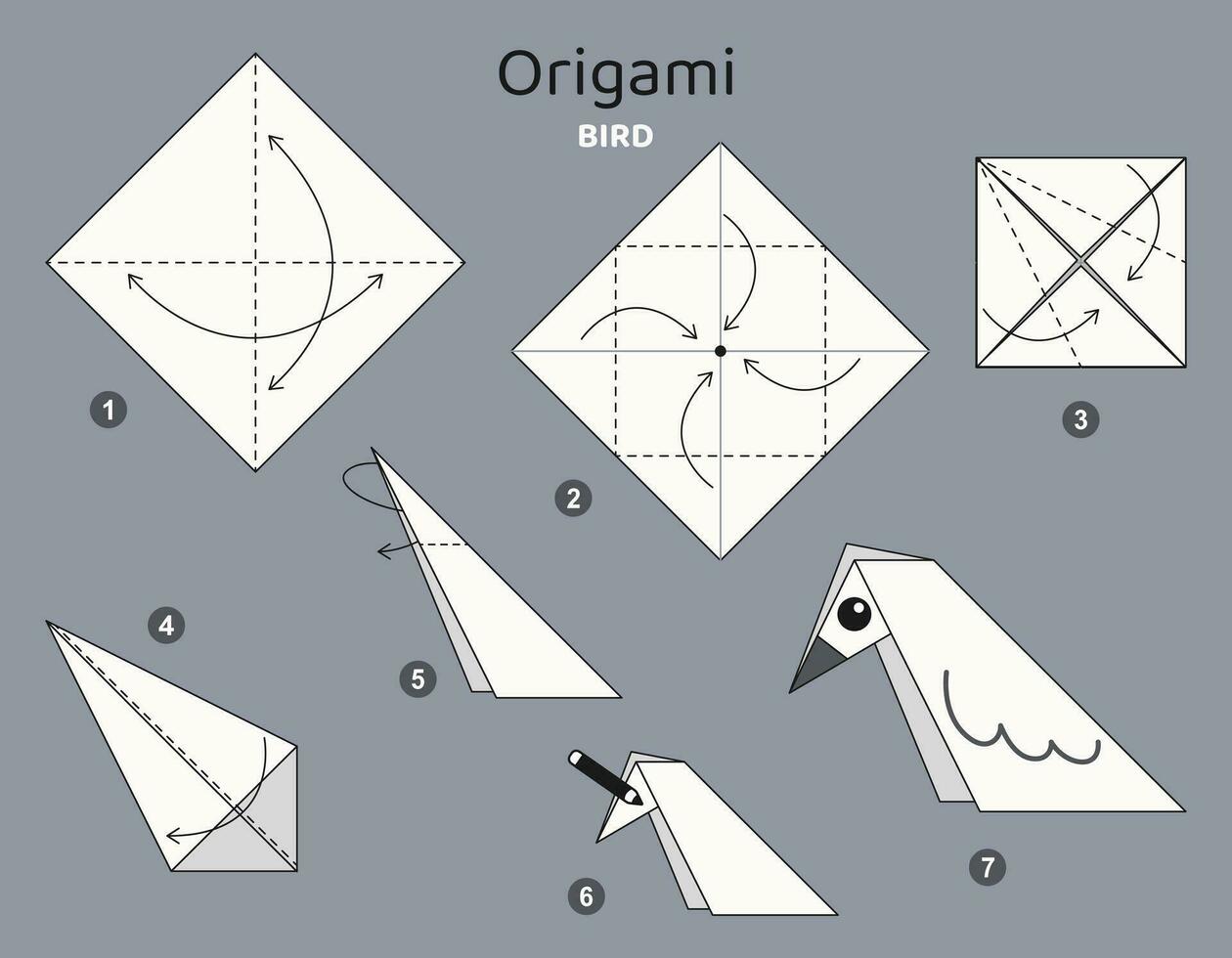 Bird origami scheme tutorial moving model. Origami for kids. Step by step how to make a cute origami bird. Vector illustration.