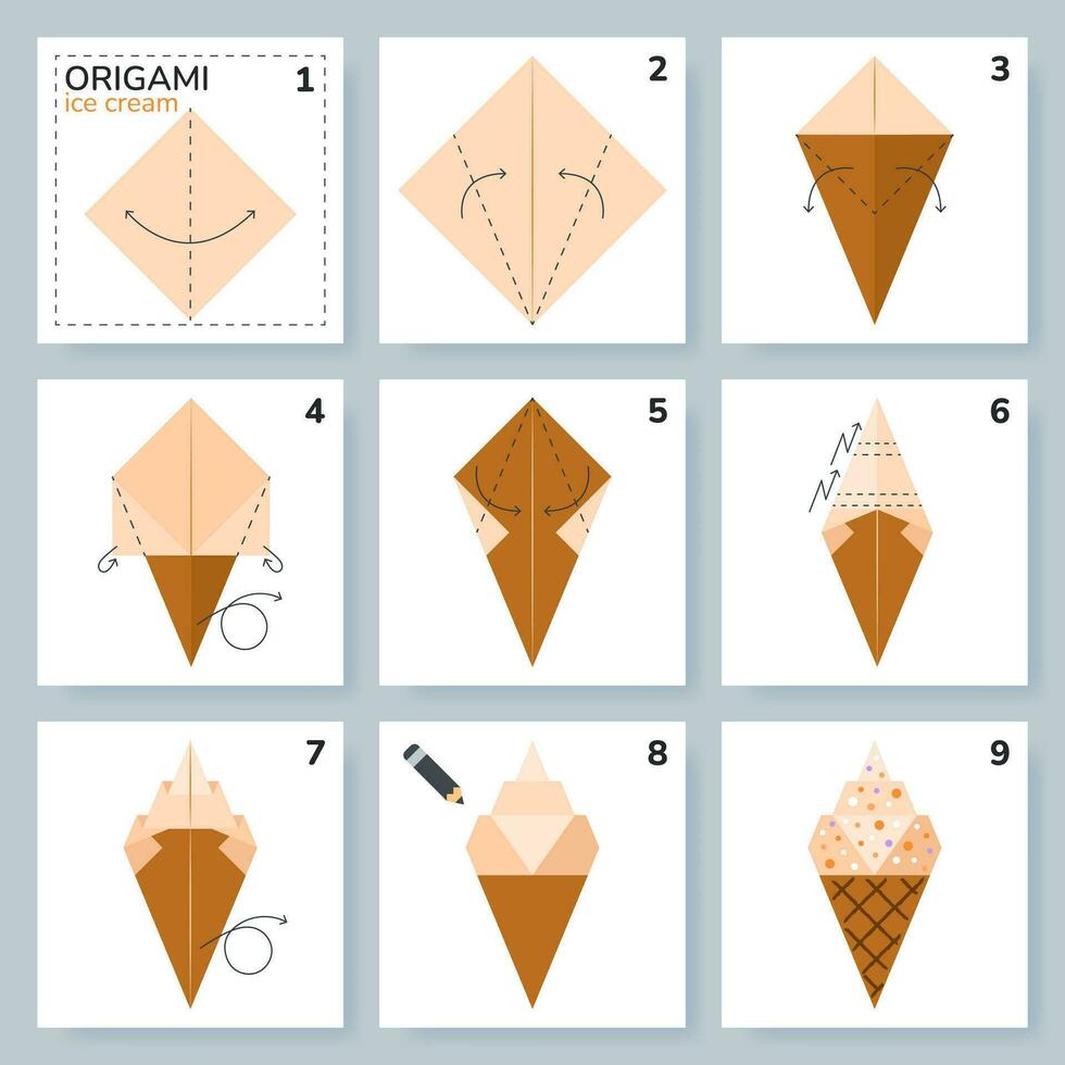 ice cream origami scheme tutorial moving model. Origami for kids. Step by step how to make a cute origami ice cream cone. Vector illustration.