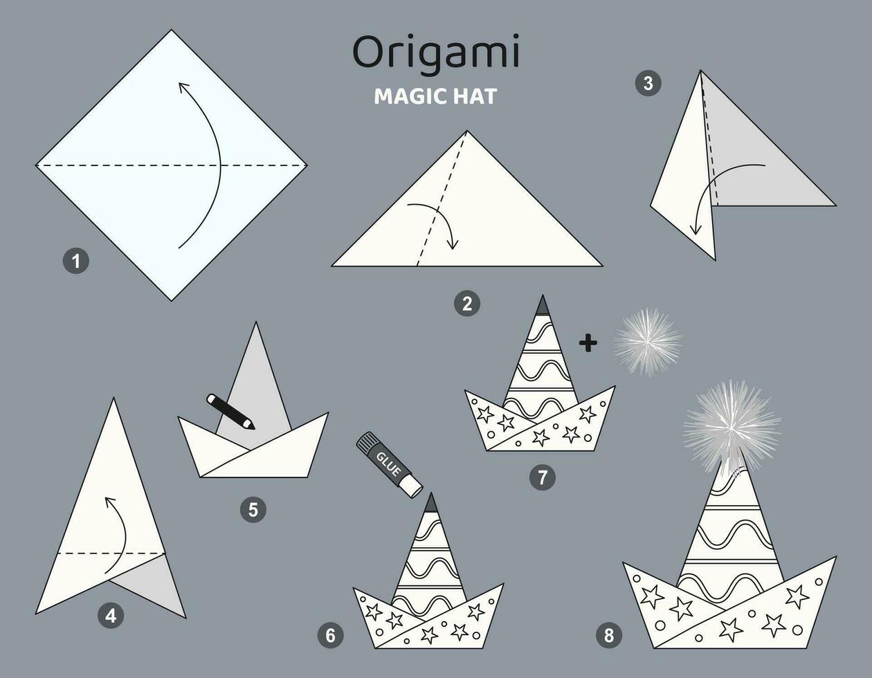 Magic hat origami scheme tutorial moving model. Origami for kids. Step by step how to make a cute origami accessories. Vector illustration.