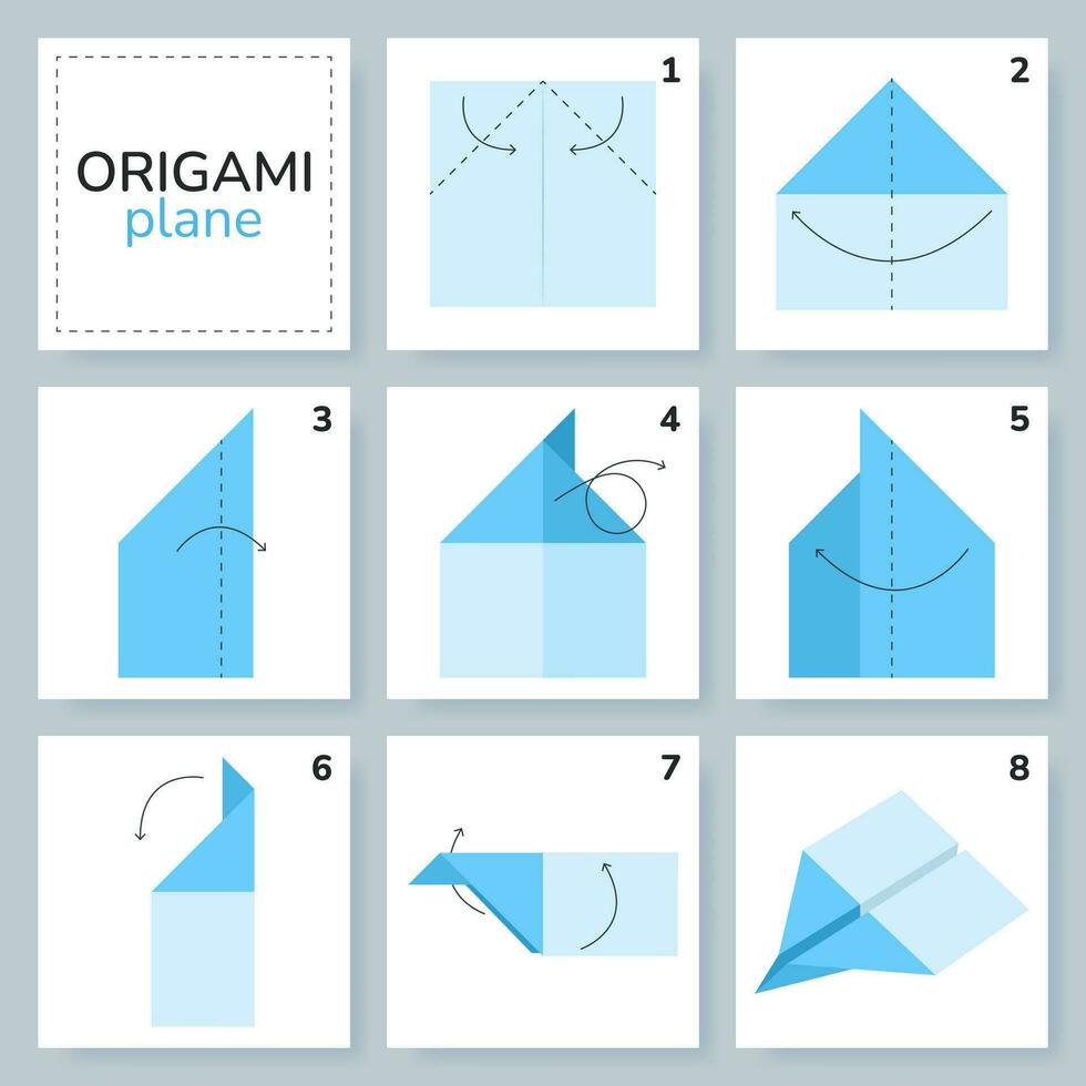 Airplane origami scheme tutorial moving model. Origami for kids. Step by step how to make a cute origami plane. Vector illustration.