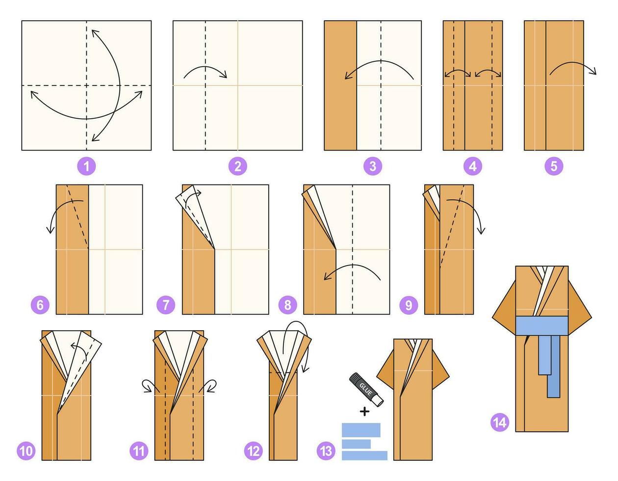 Bathrobe origami scheme tutorial moving model. Origami for kids. Step by step how to make a cute origami bathrobe or kimono. Vector illustration.