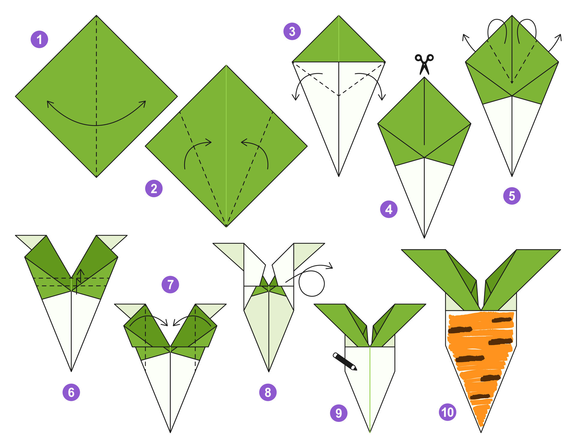 Zanahoria origami esquema tutorial Moviente modelo. origami para niños. paso por paso cómo a