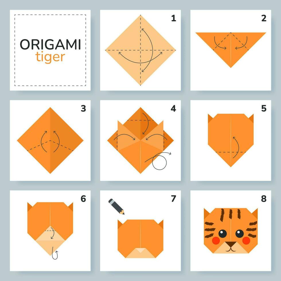 Tiger origami scheme tutorial moving model. Origami for kids. Step by step how to make a cute origami tiger. Vector illustration.