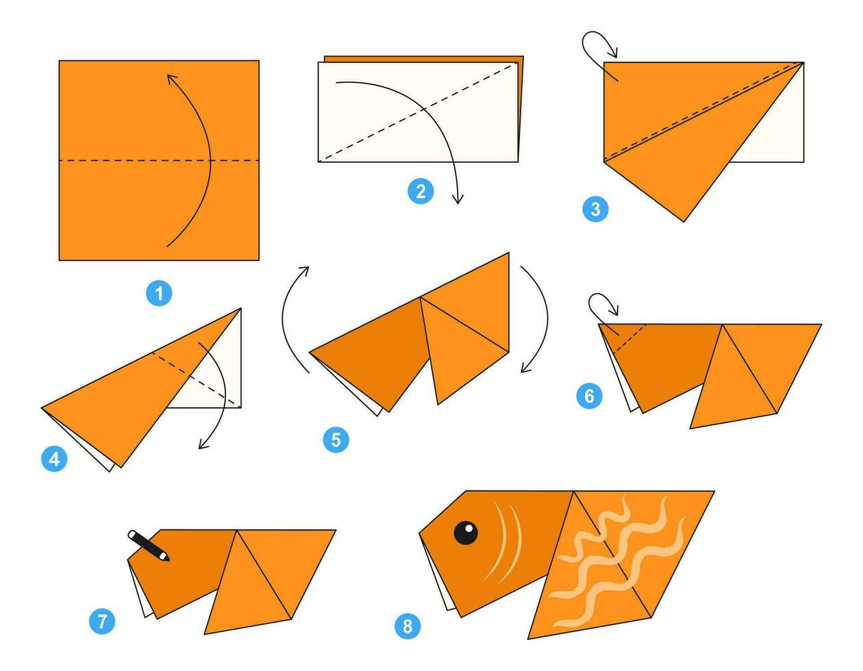 Goldfish origami scheme tutorial moving model. Origami for kids. Step by step how to make a cute origami fish. Vector illustration.