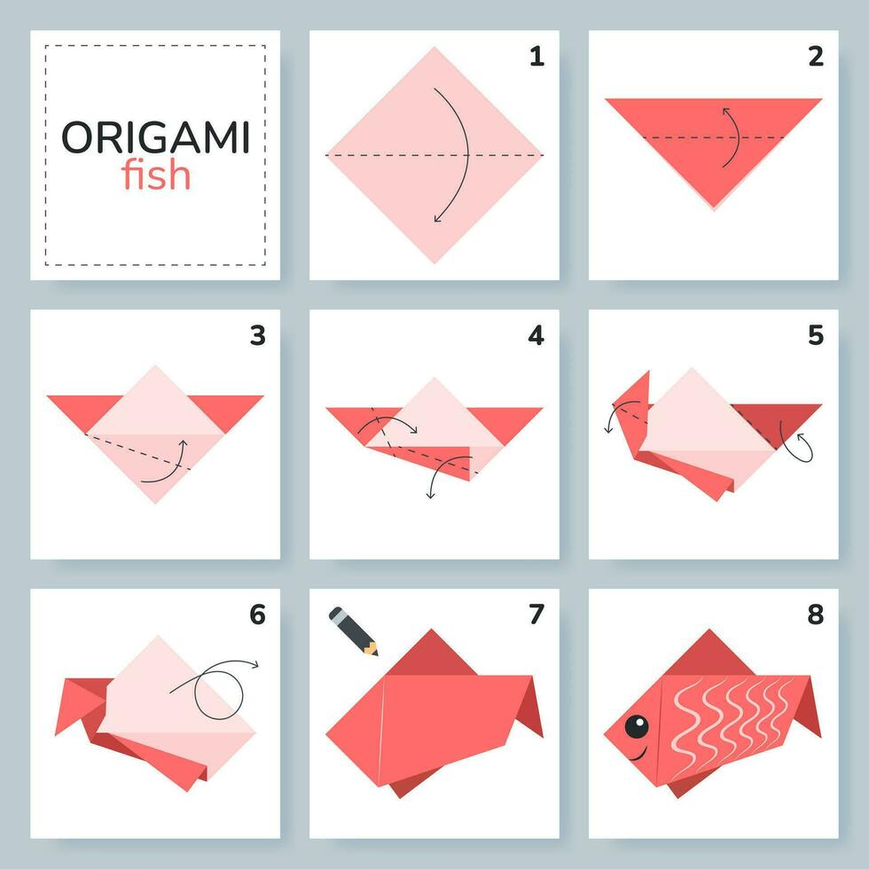 Fish origami scheme tutorial moving model. Origami for kids. Step by step how to make a cute origami fish. Vector illustration.