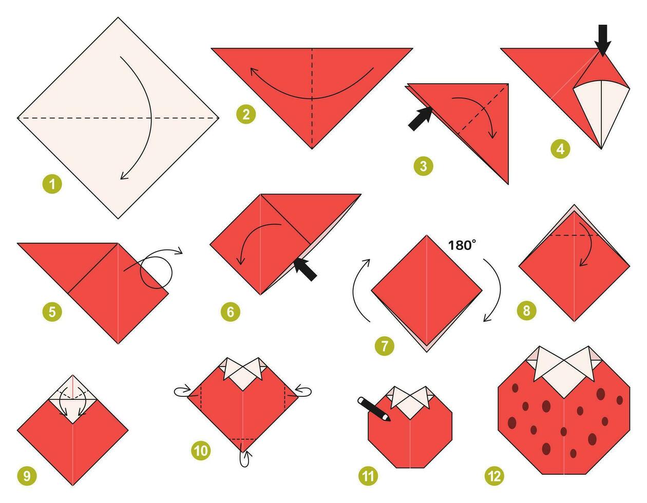 Strawberry origami scheme tutorial moving model. Origami for kids. Step by step how to make a cute origami berry. Vector illustration.