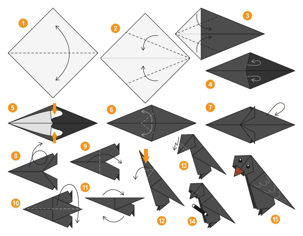 Bird origami scheme tutorial moving model. Origami for kids. Step by step how to make a cute origami crow. Vector illustration.