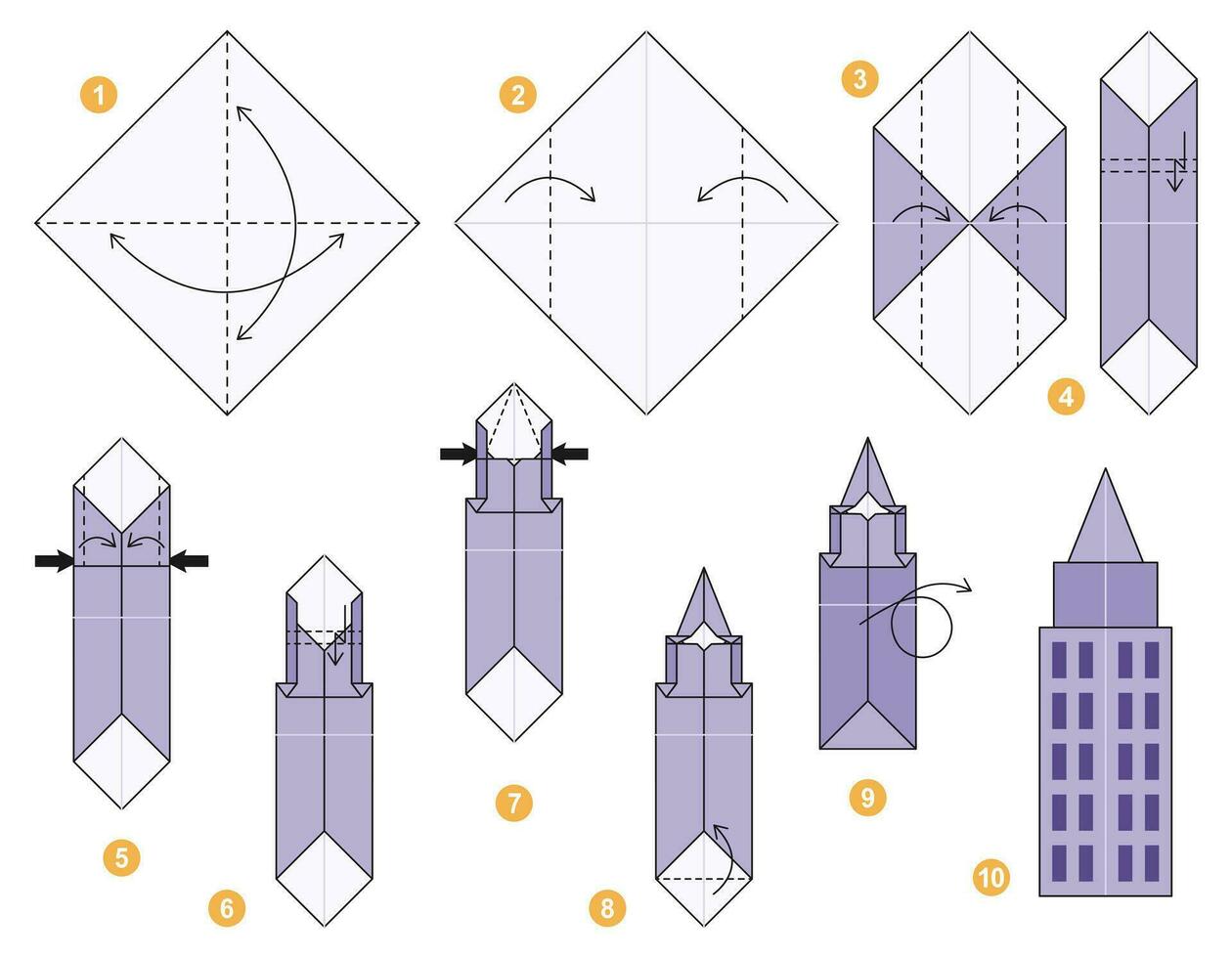 rascacielos origami esquema tutorial Moviente modelo. origami para niños. paso por paso cómo a hacer un linda origami edificio. vector ilustración.