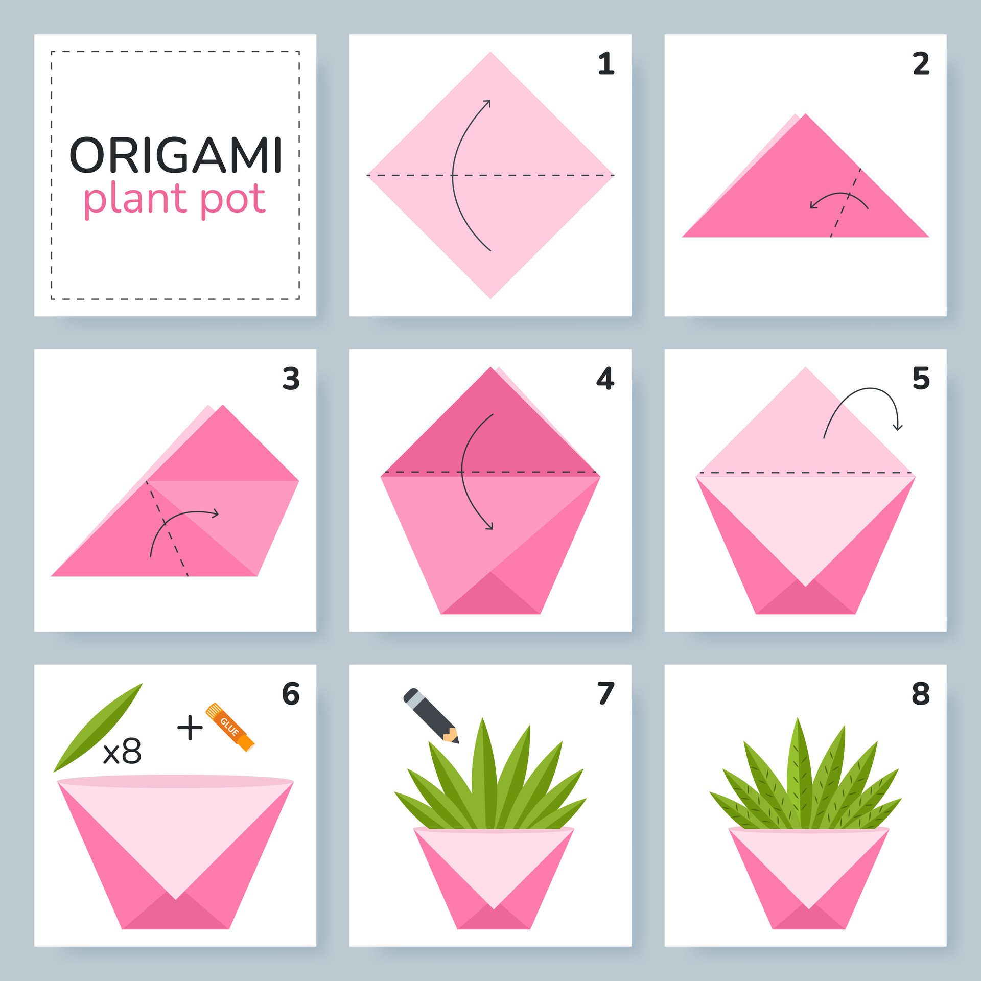 Plant pot origami scheme tutorial moving model. Origami for kids. Step
