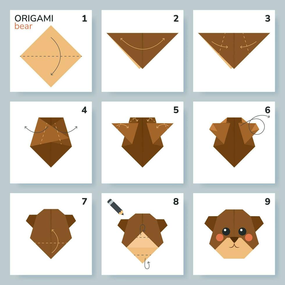 Bear origami scheme tutorial moving model. Origami for kids. Step by step how to make a cute origami bear. Vector illustration.